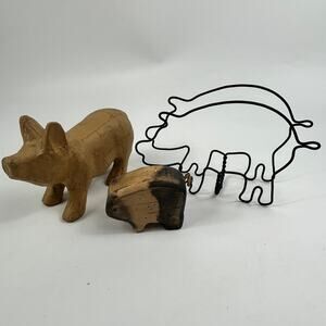 Vintage Pig Decor Lot Paper Mache Pig Wire Napkin Holder Wood Pig Signed 1992